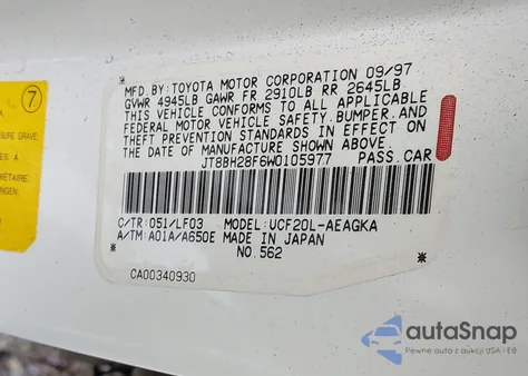 1998 Lexus Ls 400 from USA, damaged, VIN JT8BH28F6W0105977